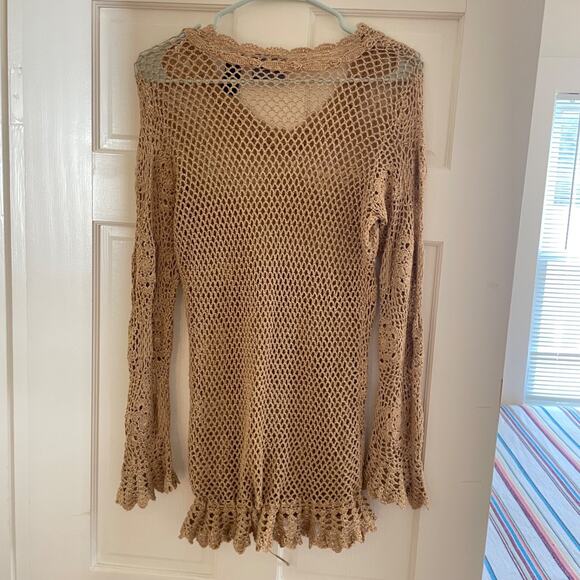 Y2K Boho Crochet Open Knit Top Beaded Floral Beige Hippie Festival Fairy L - Picture 2 of 9